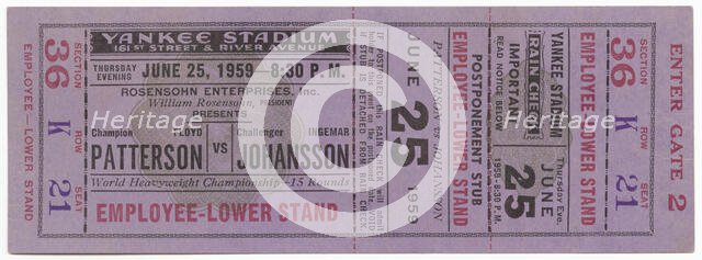 Ticket to a boxing match between Floyd Patterson and Ingemar Johansson, June 25, 1959. Creator: Unknown.