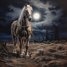 AI IMAGE - Illustration of a horse in a World War 1 battlefield setting, 2023. Creator: Heritage Images.