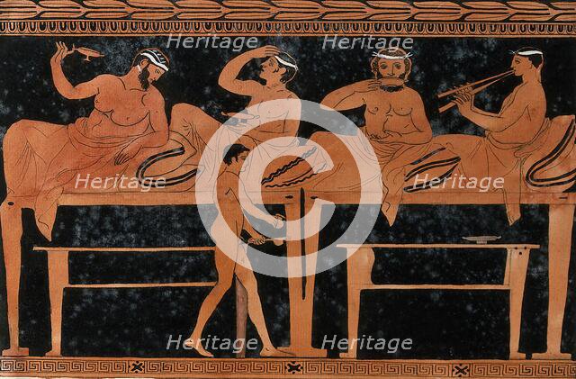 An episode on a Greek red-figured wine-mixing bowl (bell-krater): four reclining..., 1760-9. Creator: Augustin Dahlsteen.