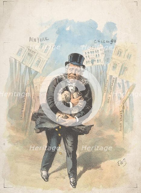 Man Clutching Moneybags While Banks Collapse, late 19th-early 20th century. Creator: Emmanuel Wyttenbach.