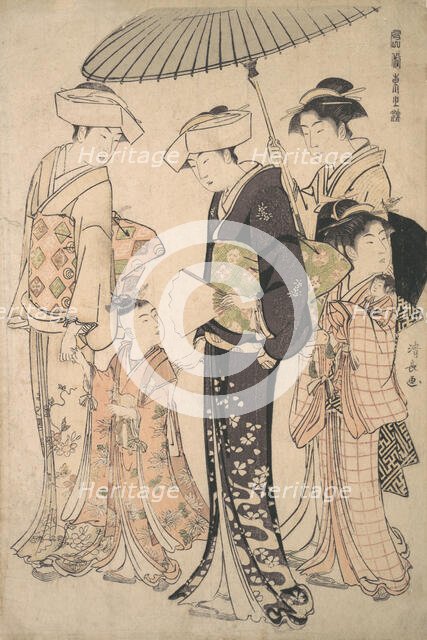 Two Women in Summer Costume Taking a Young Girl to a Shinto Temple for the Miya Mairi ..., ca. 1783. Creator: Torii Kiyonaga.