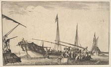 A rowboat full of men at right, a ship with men descending into a rowboat behind to left..., 1639. Creator: Stefano della Bella.