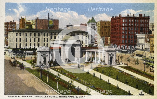 Gateway Park and Nicollet Hotel, Minneapolis, Minnesota, USA, 1915. Artist: Unknown