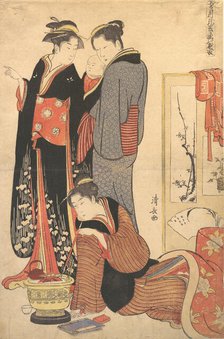 Two Women Standing, Holding a Child, ca. 1785. Creator: Torii Kiyonaga.