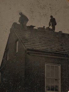 Two Roofers Working Atop a Building, 1860s-80s. Creator: Unknown.