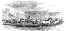 The Paris Hippodrome: seventeen horses driven by M. Marin, 1860. Creator: Harrison Weir.