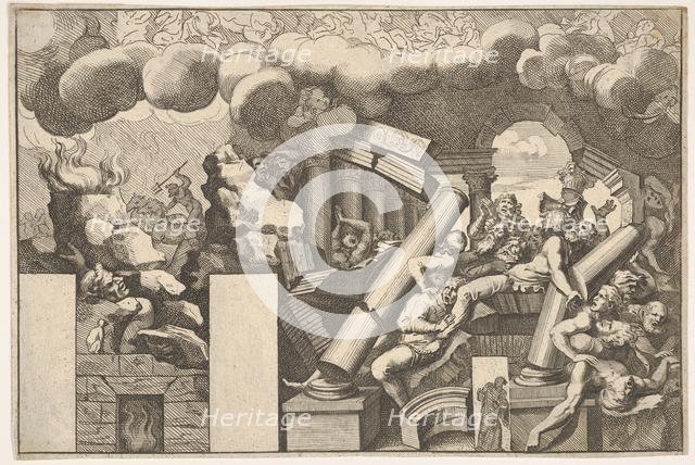 Giants crushed by rocks and the falling columns of the temple, clouds of smoke above..., ca. 1680. Creator: Pietro Santi Bartoli.