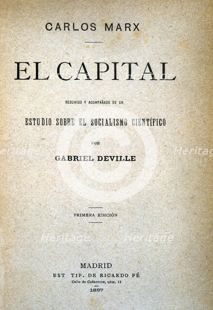 Capital, cover of the first edition in Spanish printed in Madrid in 1887. Creator: Mark, Karl (1818 - 1883).