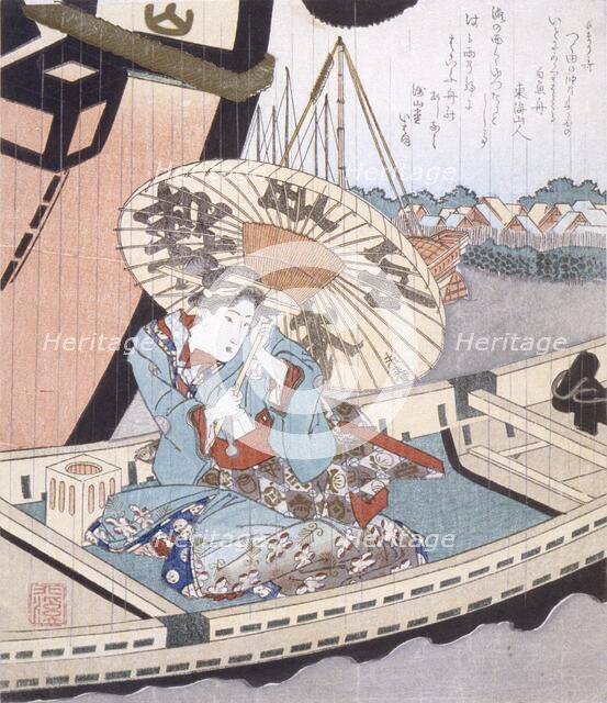 Beauty in a Boat during a Rainstorm, c1804. Creator: Totoya Hokkei.