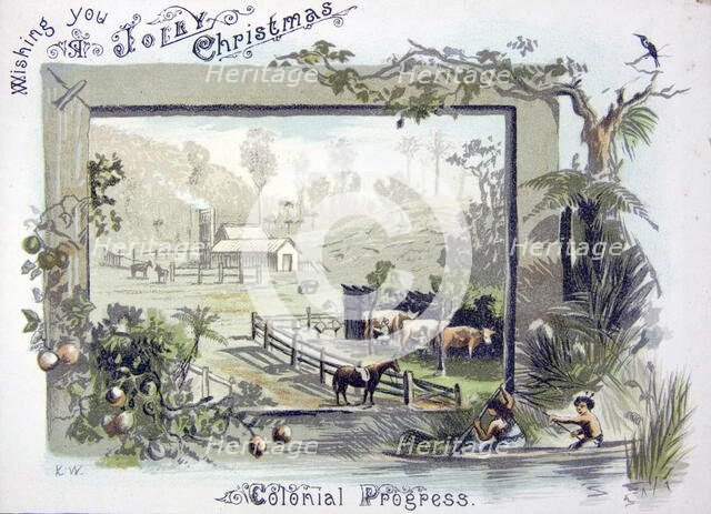 Christmas card, 'Colonial Progress', c1900s. Creator: Charles Henry Kennett Watkins.