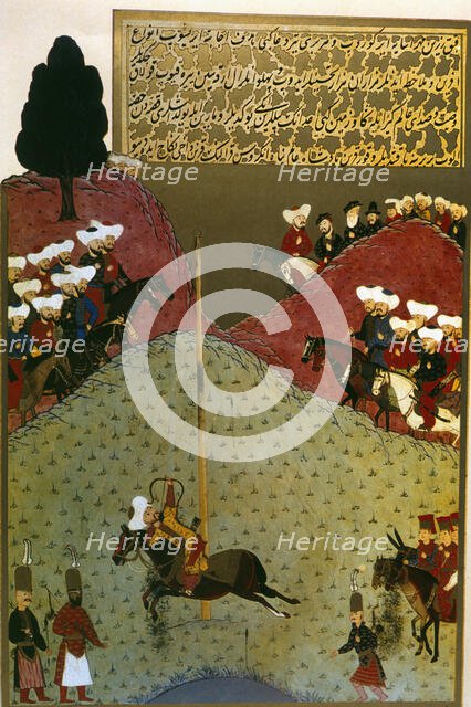 Murat II, in the presence of an ambassador, demonstrates his skill by shooting three arrows...(1584- Creator: Unknown.