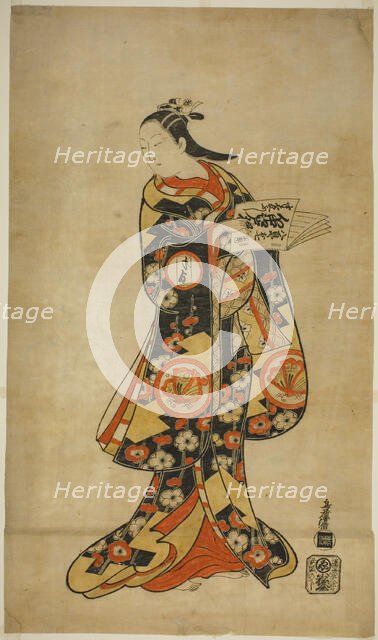 The Actor Sanjo Kantaro II as Oshichi in the play "Nanakusa Fukki Soga," performed at the, 1718. Creator: Torii Kiyonobu I.