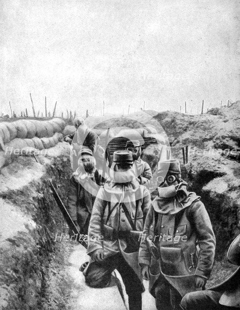 French soldiers in improvised gas masks, 1915. Artist: Unknown