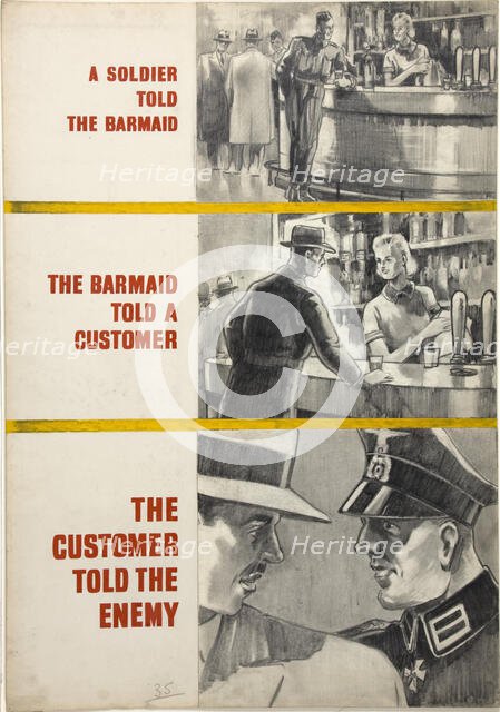 'A soldier told the barmaid, the barmaid told a customer...WWII poster, between 1939 and 1946. Creators: Central Office of Information, Unknown.
