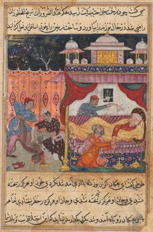 Page from Tales of a Parrot (Tuti-nama): Fifth night: The monkey slain, his blood..., c. 1560. Creator: Unknown.