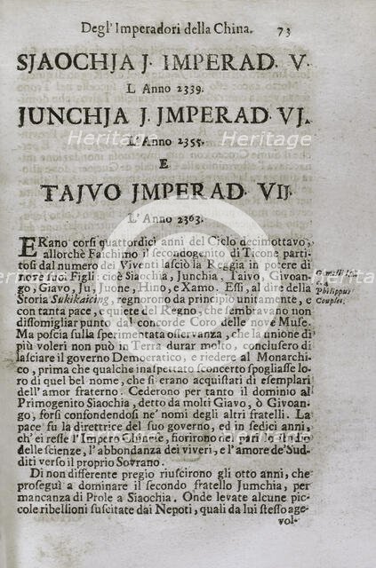 "Mappamondo Istorico", Volume VII, Part I: Life of the emperors of China, 1718.  Creator: Antonio Foresti.