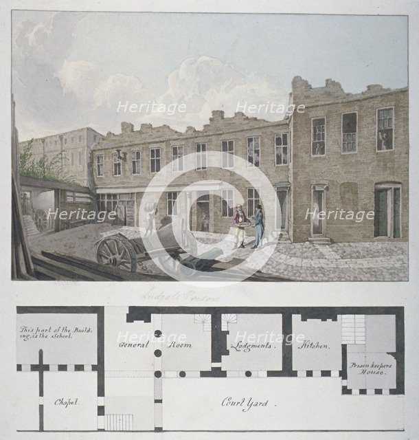 Ludgate Prison with a plan of the London Workhouse, Bishopsgate, beneath, City of London, 1818. Artist: Robert Blemmell Schnebbelie
