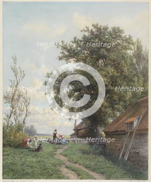 Farmyard with some figures, a shed and large tree on the right, 1839-1904. Creator: Hendrik Dirk Kruseman van Elten.