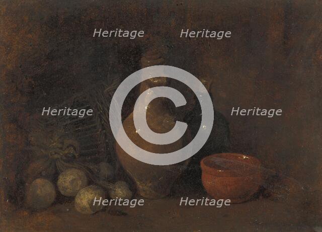 Still life with fruit, bottle and pottery, 1827-1887.  Creator: Francois Bonvin.