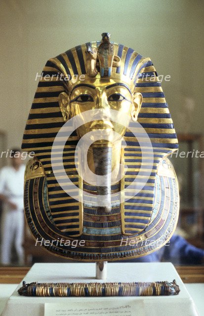 Gold and lapis lazuli funerary mask of Tutankhamun, King of Egypt, c1323 BC. Artist: Unknown