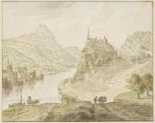 River between mountains, a monastery on a rock to the right. Creator: Cornelis Verdonck.