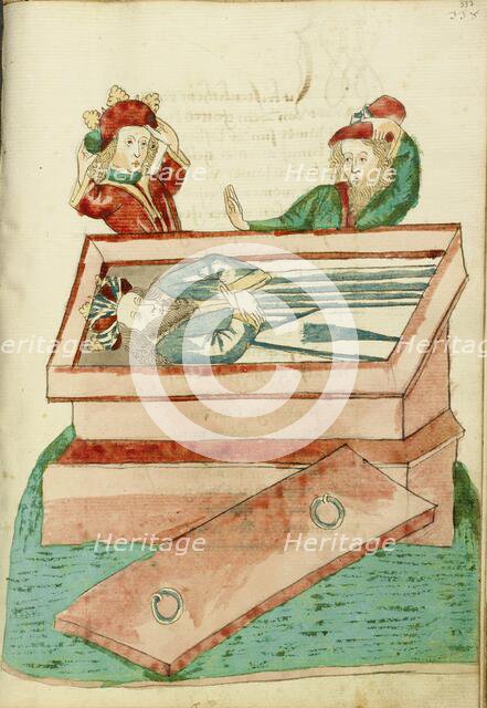Josaphat and Another Man Mourn the Dead King Avenir in his Coffin; Barlaam und Josaphat, 1469. Creators: Hans Schilling, Diebolt Lauber.