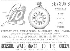 Advertisement for Benson's watches, 1883. Creator: Unknown.