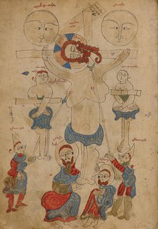 The Crucifixion and The Deposition; Gospel Book, 1386. Creator: Unknown.