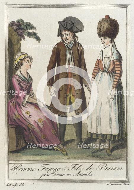 Costumes de Différents Pays, 'Homme Femme et Fille de Passan près Vienne en Autriche', c1797. Creator: Jacques Grasset de Saint-Sauveur.