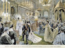 Coronation of Tsar Nicholas II at the Cathedral of the Assumption of Moscow' in 1894, engraving f…