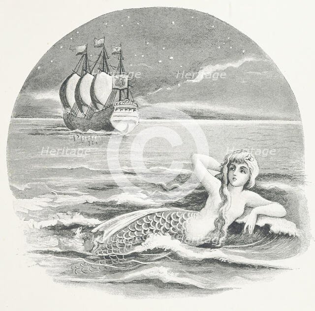 Mermaid and sailing ship, 1888.  Creator: Laura Troubridge.