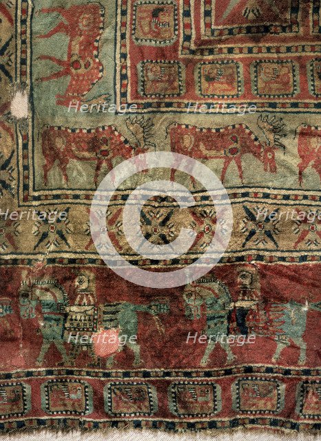 'Pile Carpet (Detail: Fallow deers and horsemen)', 5th-4th century BC. Artist: Unknown