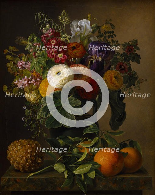 Still life with flowers in an antique vase, 1834. Creator: Jensen, Johan Laurentz (1800-1856).