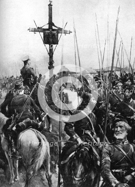 British troops passing through a Galician village, Spain, First World War, 1914. Artist: Unknown