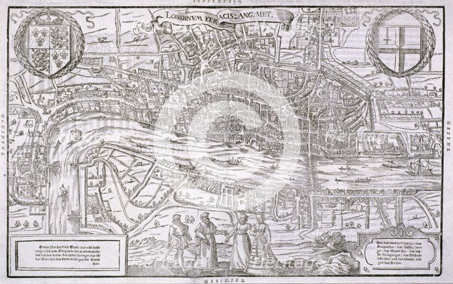 Map of the City of London and City of Westminster with four figures in the foreground, (c1572?).  Artist: Anon