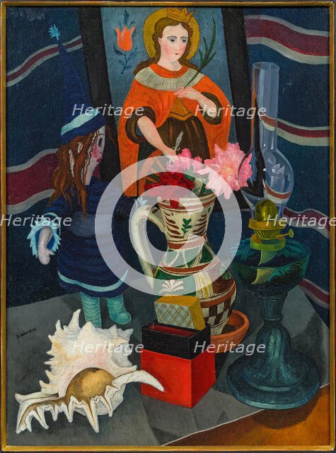 Still life with lamp, shell, doll and reverse glass painting, 1925. Creator: Wacker, Rudolf (1893-1939).