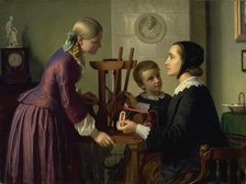 A housewife at her loom, with her two children, 1859. Creator: Constantin Hansen.