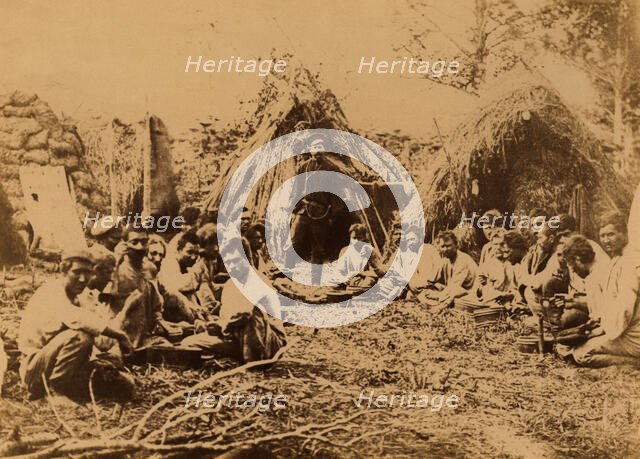 Exiled Convicts Having Lunch near Their Huts during Work in the Taiga, 1880-1899. Creator: Innokenty Ignatievich Pavlovsky.