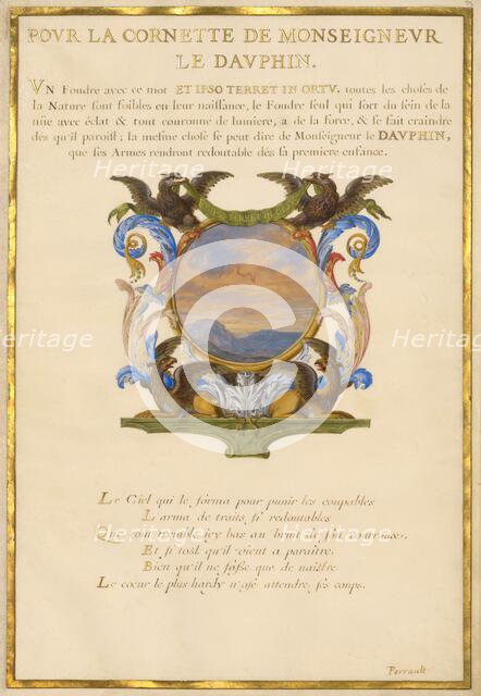Escutcheon with a Landscape; Nine Emblems for Louis XIV, about 1663-1668. Creator: Jacques Bailly.