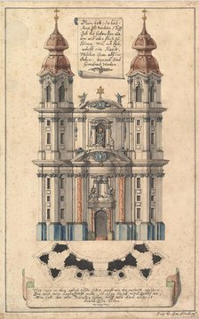 Baroque Church Façade with Obliquely Placed Towers., ca. 1760-70. Creator: Joseph Kirnberger.