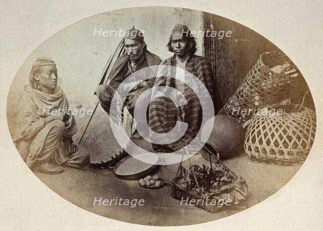 Nepal: three Newar men selling produce, seated, c1860. Creator: Clarence Comyn Taylor.