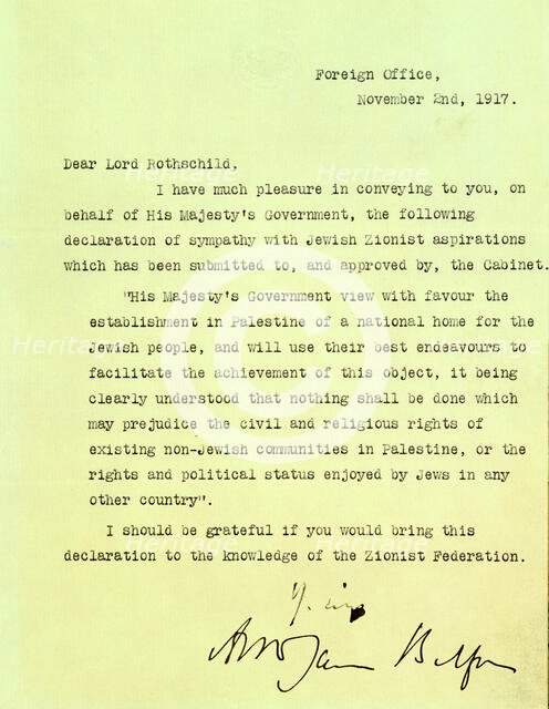 The Balfour Declaration, 1917. Creator: Arthur Balfour.