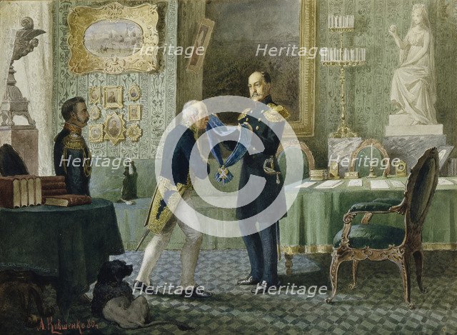 Emperor Nicholas I awards the blue riband of the Order of St. Andrew to Count Michail Speransky, 1880. Artist: Kivshenko, Alexei Danilovich (1851-1895)