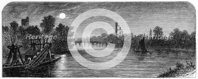'Putney Bridge and Church by Moonlight', 1880. Artist: Robert Taylor Pritchett