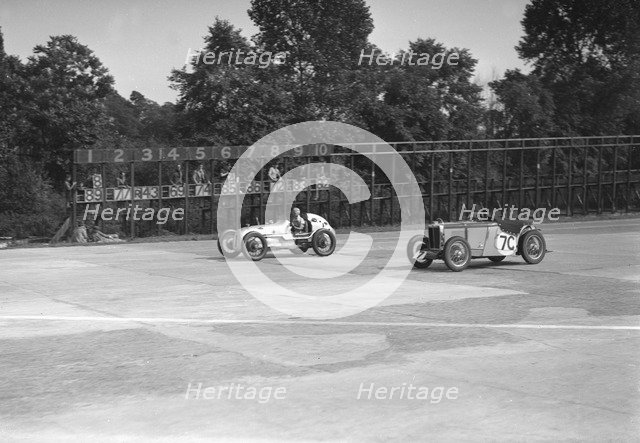 Kay Petre's Austin OHC 744 cc, LCC Relay GP, Brooklands, 26 July 1937. Artist: Bill Brunell.