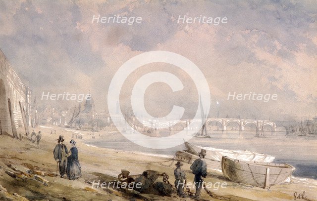 The Thames at low tide and Blackfriars Bridge, London, 1847. Artist: G Chaumont