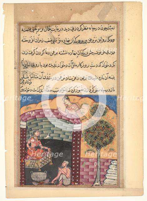 Page from Tales of a Parrot (Tuti-nama): Seventh night: The Brahman gambler sees..., c. 1560. Creator: Unknown.