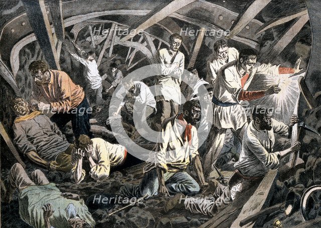 Coal miners trapped underground by a roof fall, Courrieres Mines, Pas-de-Calais, France, 1906. Artist: Unknown