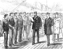 Departure of a Cunard steamer from Liverpool: muster of the crew for inspection, 1881. Creator: Unknown.