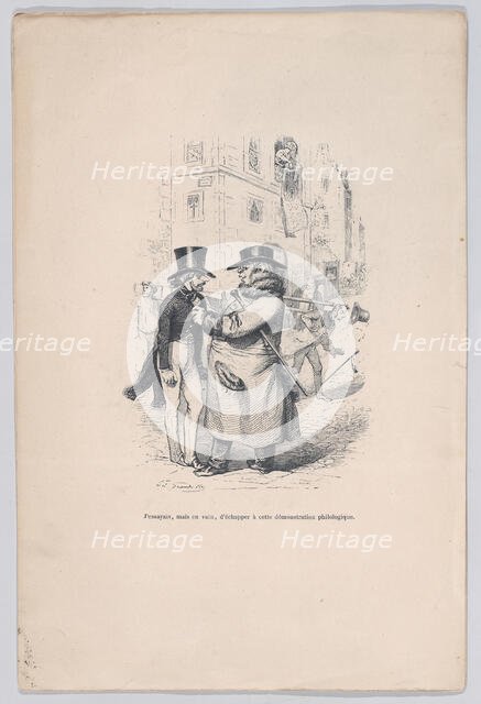 I tried to escape from this philological discussion. from the Little Miseries of Human Lif..., 1843. Creator: Jean Ignace Isidore Gerard.